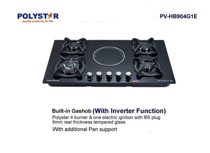 Polystar 4 Burner + 1 Hot Plate Built-in Gas hob Inverter Mode| PV-HB904G1E