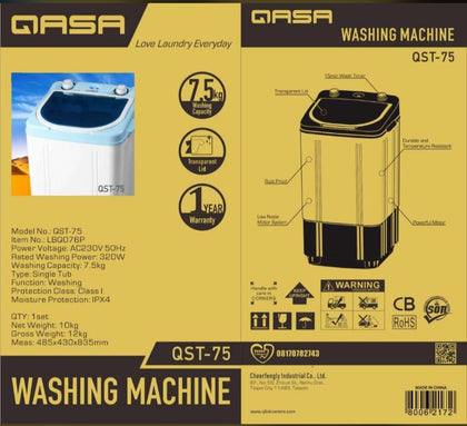 Qasa 7.5KG Single Tub Washing Machine | QST-75
