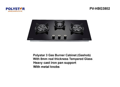 Polystar 3 Gas Burner Cabinet Inbuilt Gas Hob 8mm Thickness | Pv-JY3802