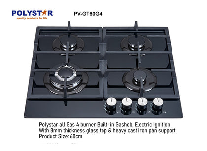Polystar 4 Burner Gas Hob With Glass Cooktop With Auto Ignition | PV-GT60G4