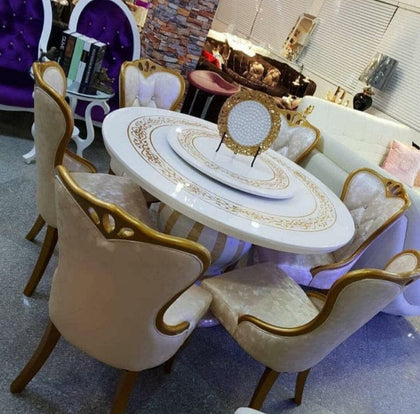 White Luxury Marble Round Dinning Table with Six Chairs