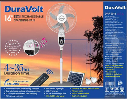 Duravolt 16'' Rechargeable Fan with Solar Panel & Audio| DRF 2916 Solar