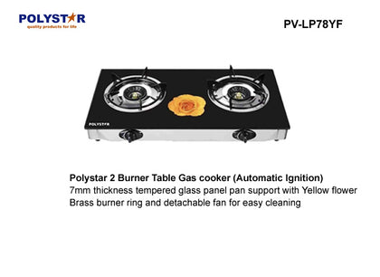 Polystar  2 BURNER TABLE GAS COOKER WITH TEMPERED GLASS TOP | PV-LP78YF